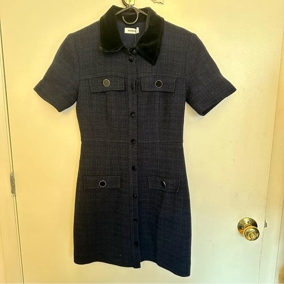 Sandro Italie Short Navy Blue Tweed Dress With Velvet Collar - Picture 6 of 8
